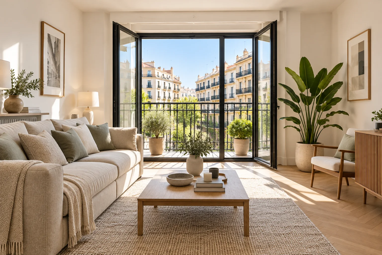 Salón luminoso con balcón en una vivienda de ejemplo.